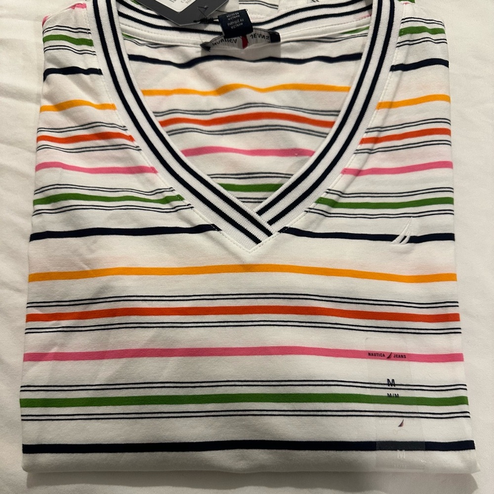 New náutica jean  Women’s striped Short- sleeve  V-Neck Top.